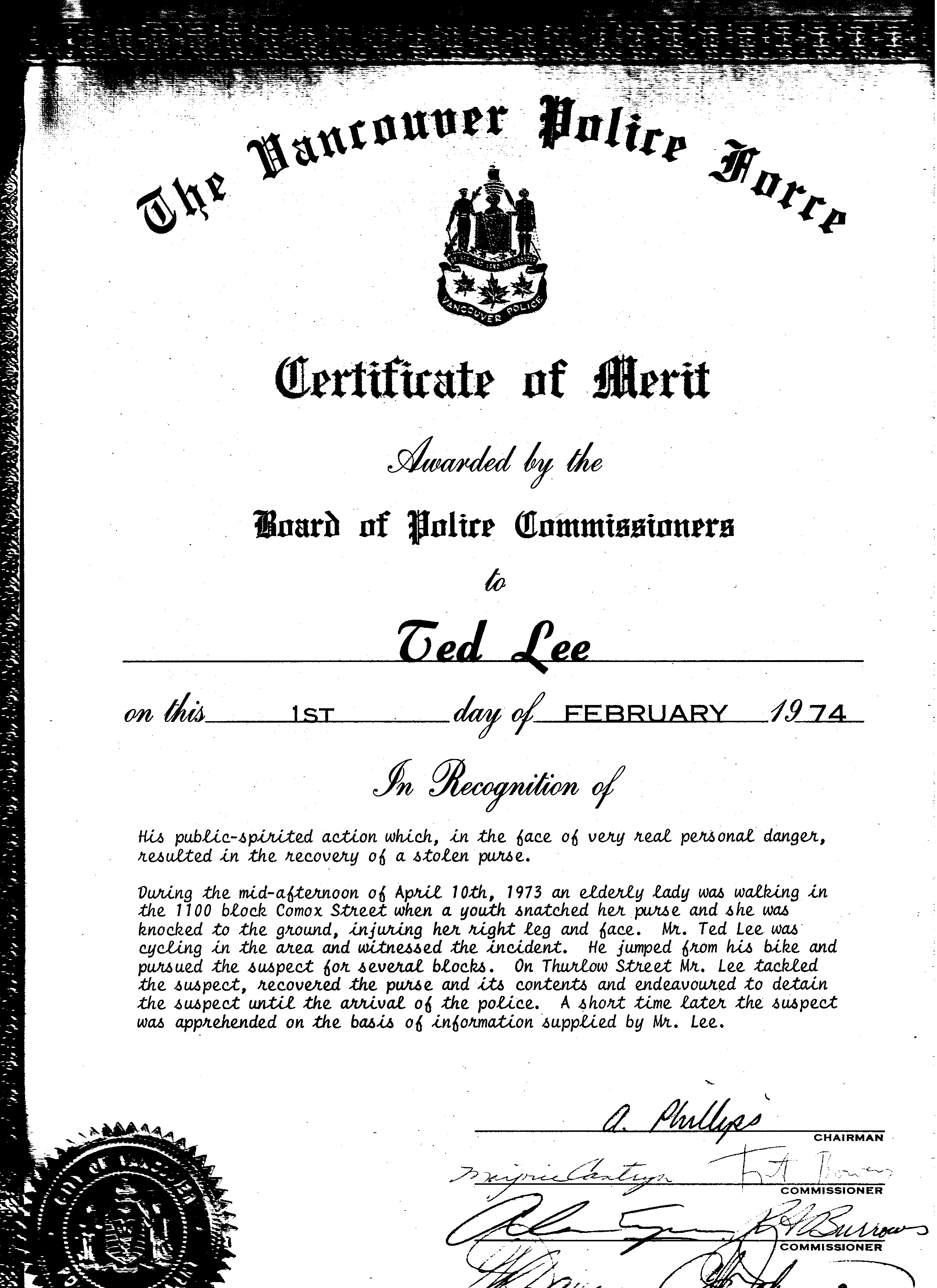 Vancouver Certificate of Merit From The Vancouver Police Force